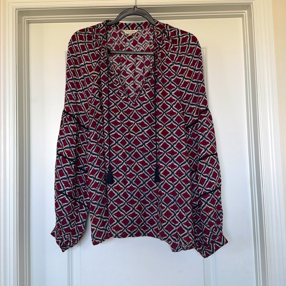 Luck Brand Maroon and Navy Geometric Blouse Size XL
